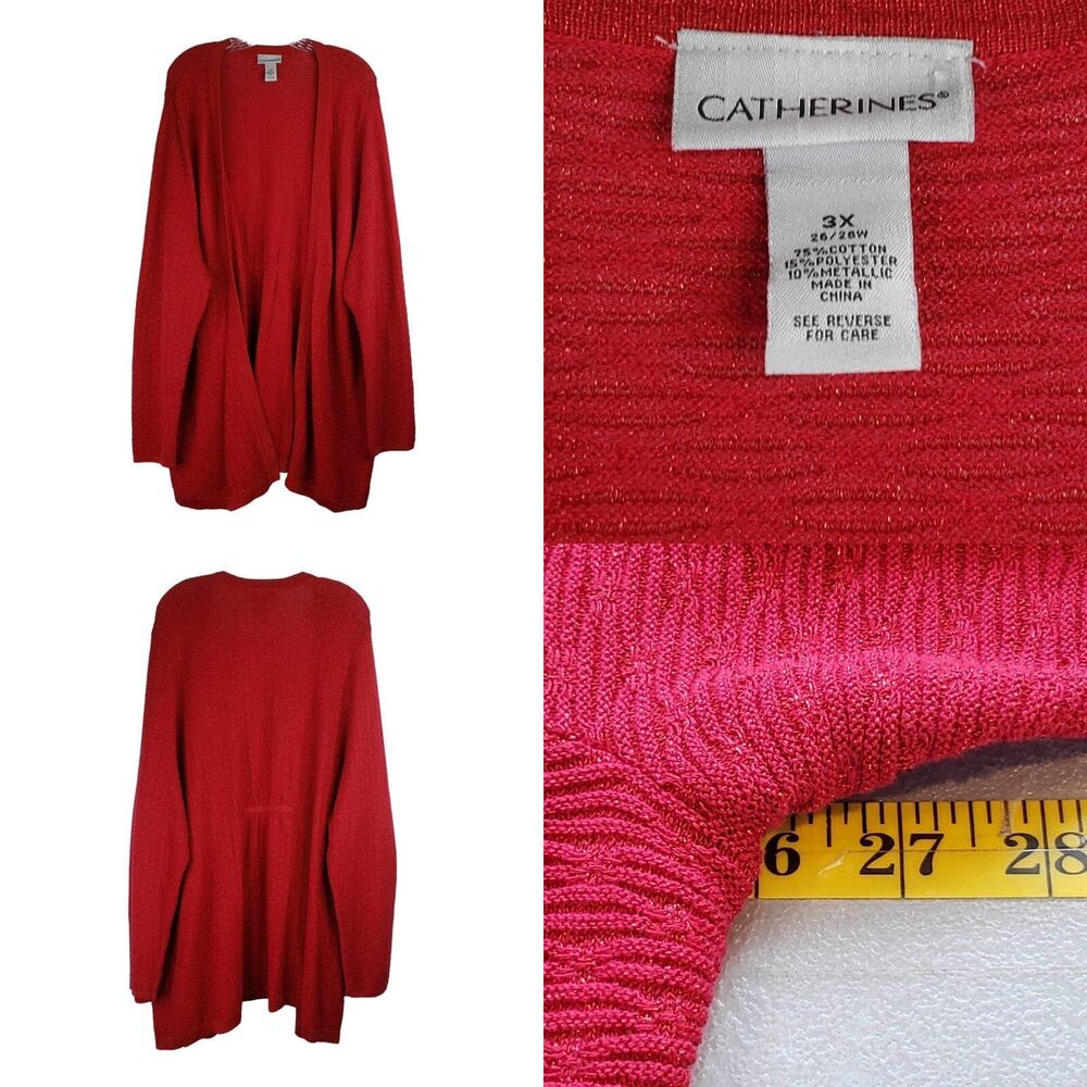 Catherines Sweater Plus Size 3X Open Front Cardigan Red Metallic Holiday Sparkle